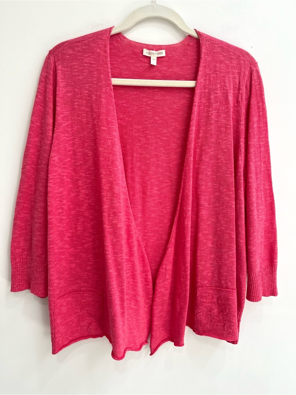 Eileen Fisher pink open front lightweight cardigan linen cotton 3/4 sleeves LG
